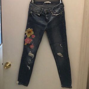 Zara Floral Embroidered Distressed Jeans